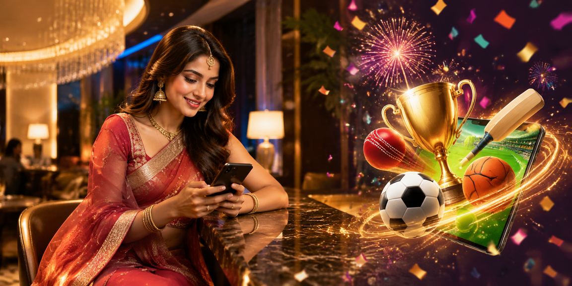 Happy Indian player enjoying sports betting on mobile with cricket visuals