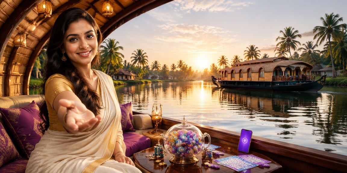Female player checking lottery results on mobile in Kerala backwaters